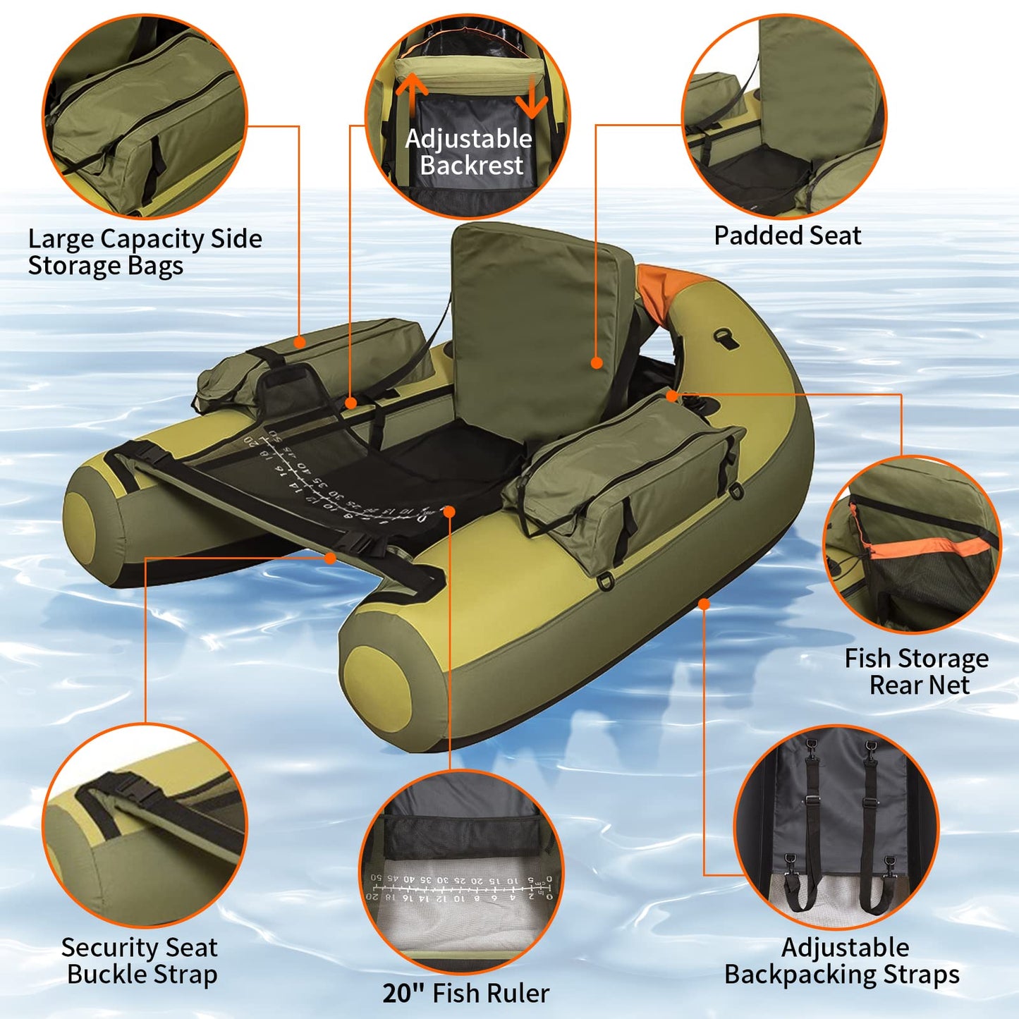 Xproutdoor Fishing Float Tube with Adjustable Backpack Straps, Storage Pockets, Fish Ruler, Fly Fishing Boat with Pump, Oar, Rod Holder and, Fins (Army Green, 27.09 x 20.31 x 10.79in)