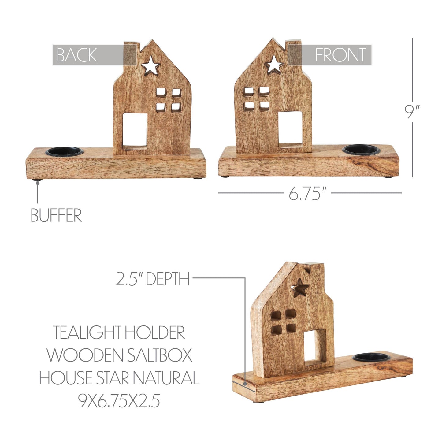 Tealight Holder Wooden Saltbox House w/Star Natural 9x6.75x2.5