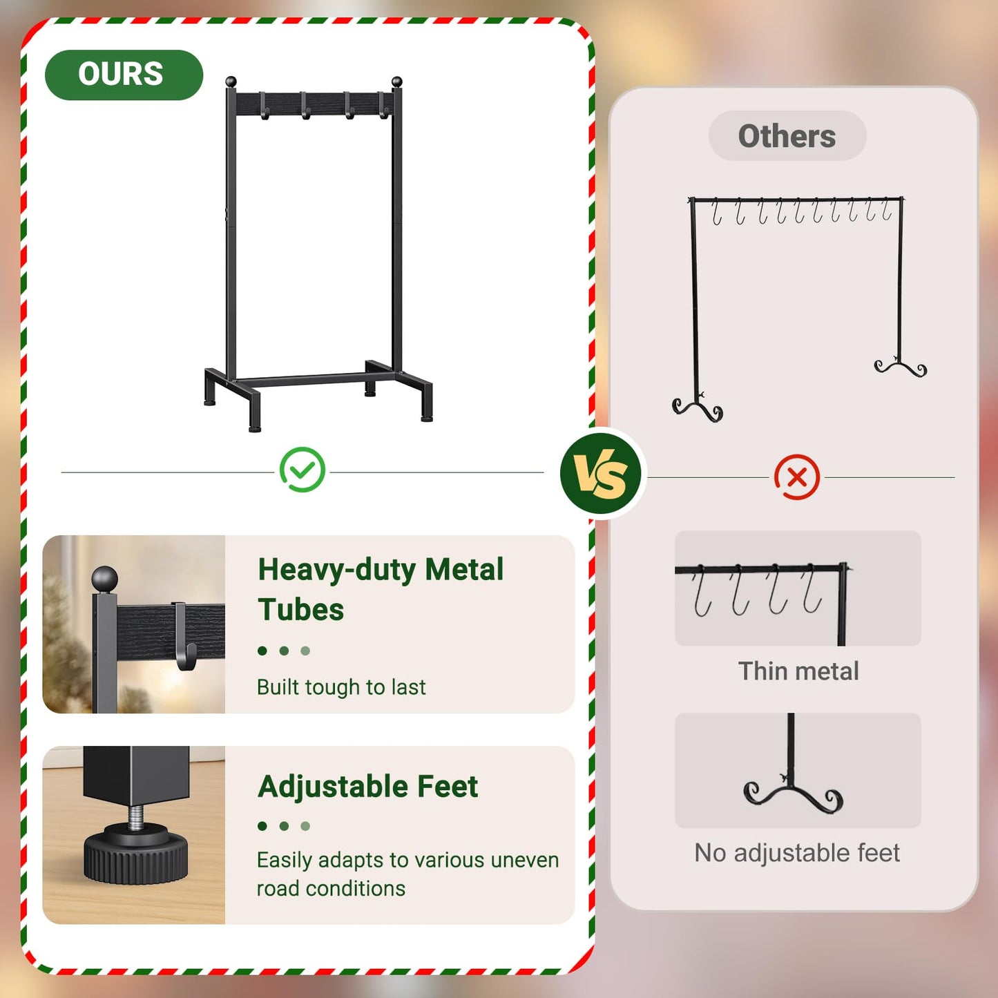 ELYKEN Christmas Stocking Holder Stand for Floor, Free Standing Stocking Rack with 4 Removable Hooks, Wood Stocking Hanger Stand, Heavy Duty Xmas Stocking Stand with Adjustable Feet, Black