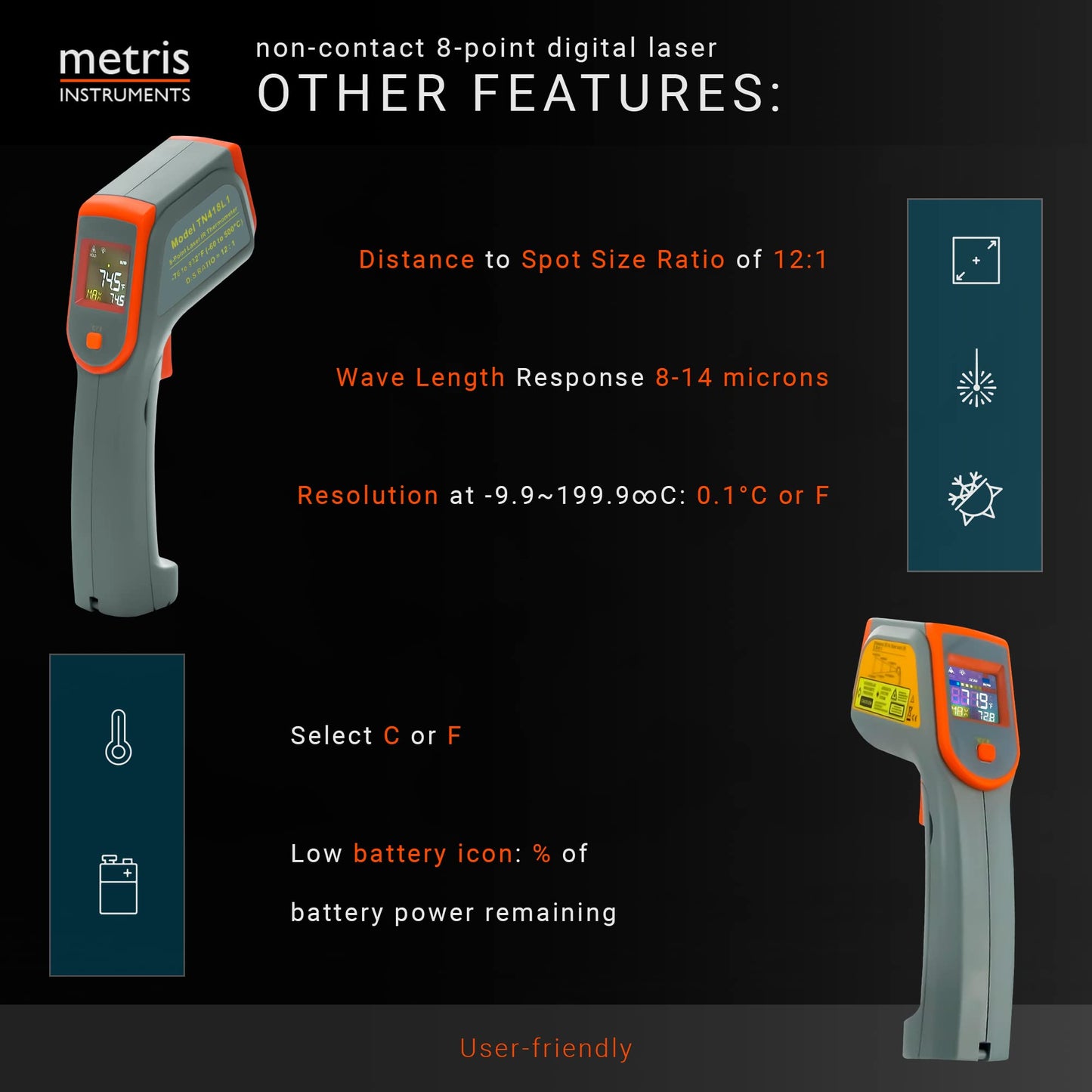 Metris Instruments Digital Infrared Thermometer Gun Laser Temperature Gauge for Cooking, Grill, Pizza Oven, HVAC Tools, 8-Point, 76o to 932o F [-60o to 500o C] 12:1 D:S Ratio, Model TN418L1