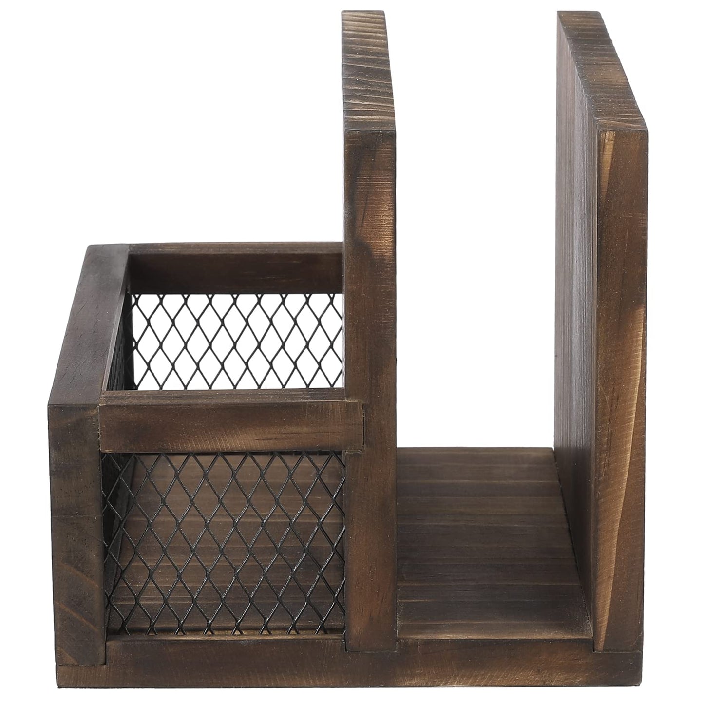 FARM IN Napkin Holder, Farmhouse Multifunctional Napkin Holder with Salt and Pepper Shakers Holder for Home Kitchen Table Centerpiece and Commercial, Rustic Solid Burnt Wood & Diamond Metal Wire Mesh