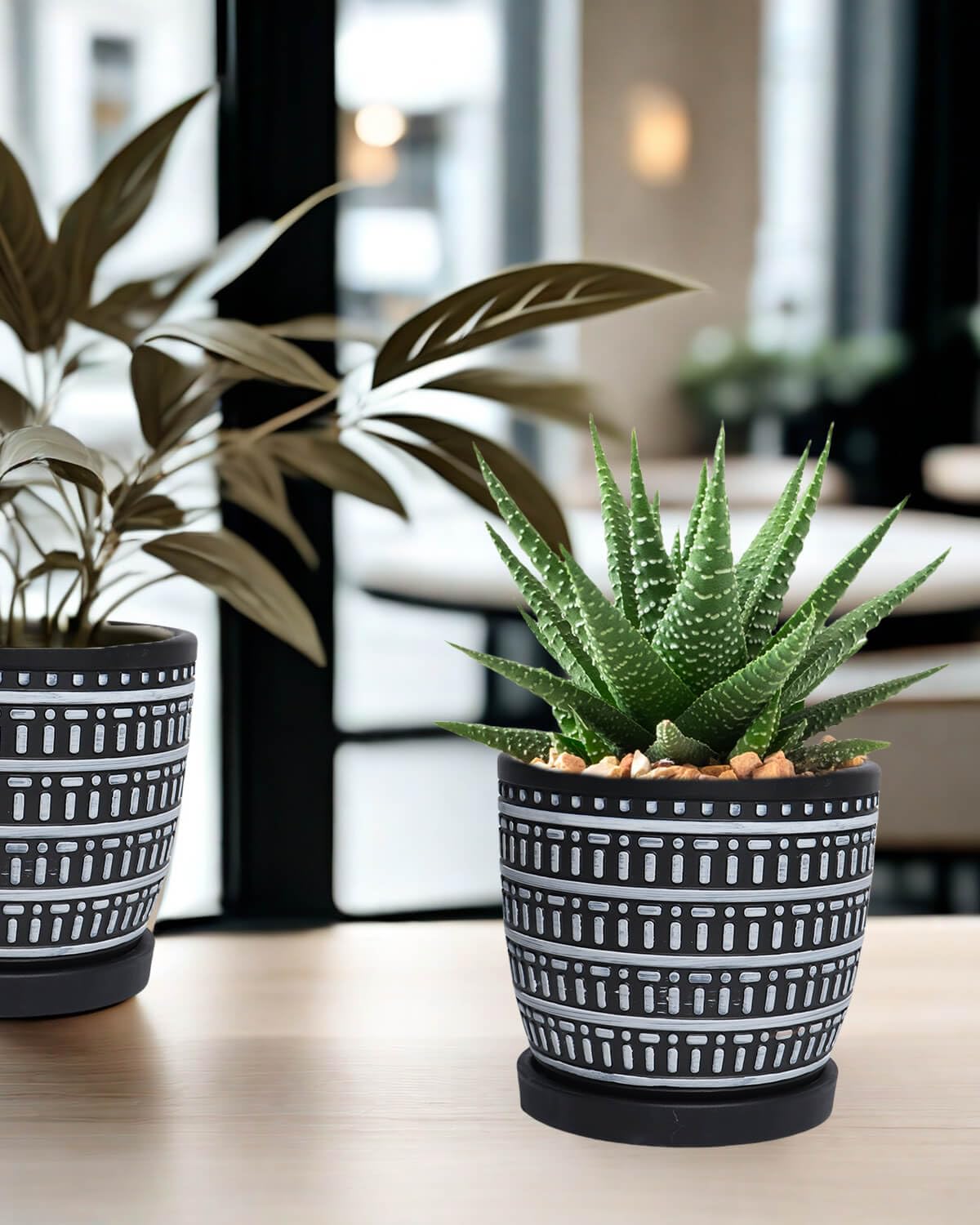 vensovo 5.8 Inch Boho Plant Pots Indoor - Artisanal Succulent Pots with Drainage Holes and Saucer, Cement Pots for Indoor Plants, Flower Pot with Rubber Pot Feet, Set of 2, White Lines and Black