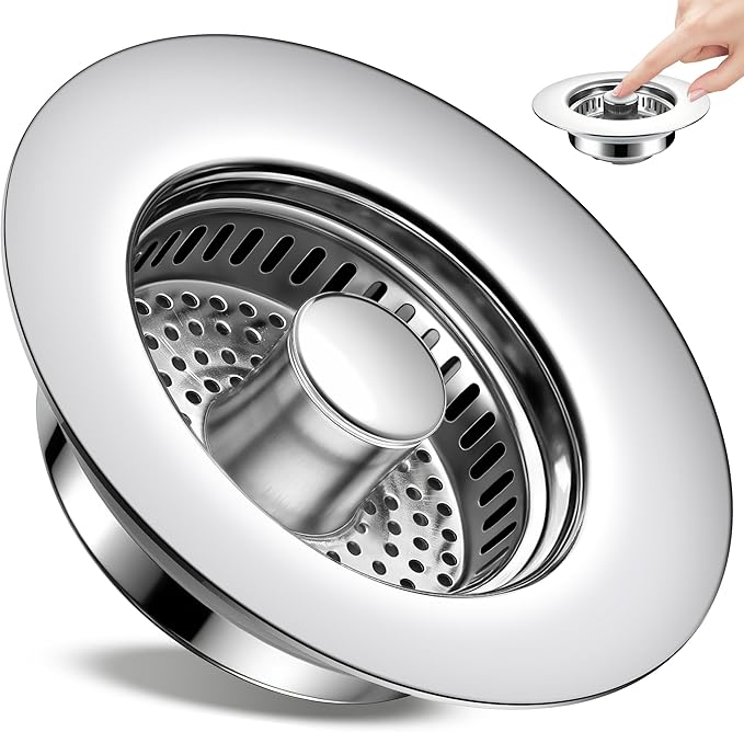 Kitchen Sink Drain Strainer 3 in 1, 304 Stainless Steel Pop Up Sink Stopper