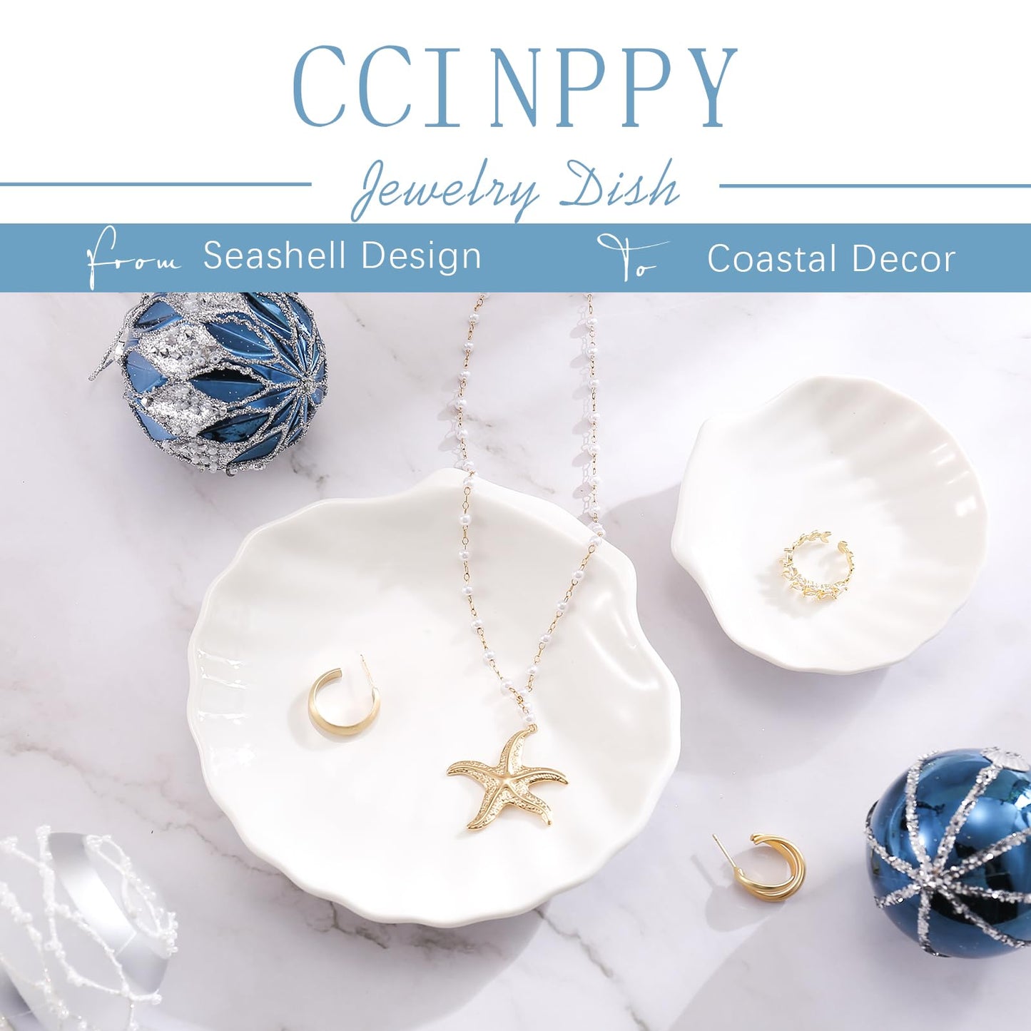CCINPPY Shell Ring Dish Tray, Ceramic Jewelry Tray Trinket Dish, Seashell Key Holder Bowl, Beach Room Coastal Decor Aesthetic, Ocean Bathroom Counter Decor, White, Large