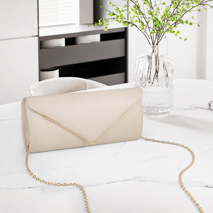 Larcenciel Women's Clutches, Leather Nude Clutch Bag w/Detachable Chain, Elegant Envelope Prom Handbag for Women, Minimalist Cream Beige Crossbody Shoulder Bag for Party, Prom, Wedding, Dinner, Club