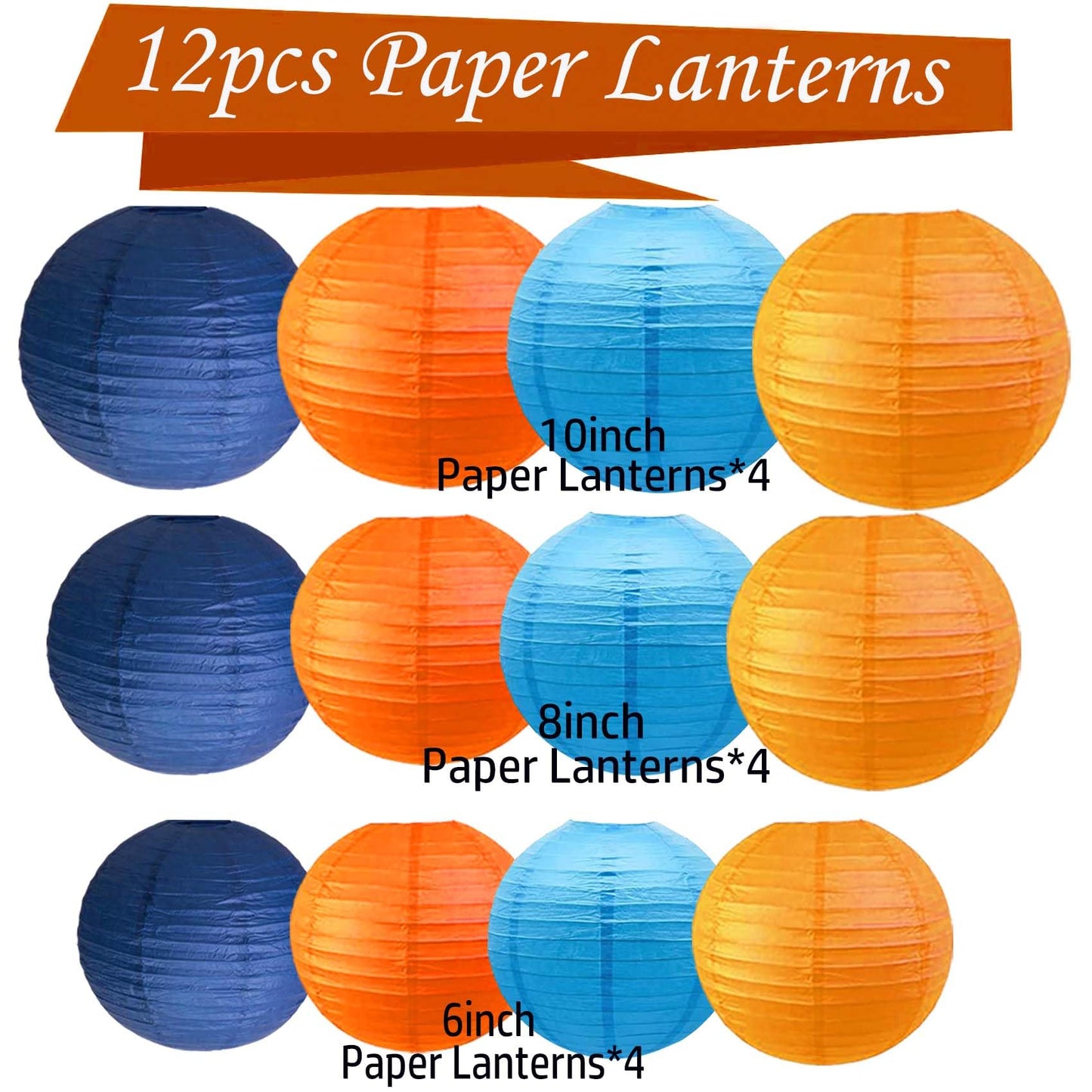 KUNYYI Orange and Blue Paper Lanterns 12Pcs Hanging Lantern for Birthday Party, Wedding, Home Decor, Baby Shower Festive Decoration