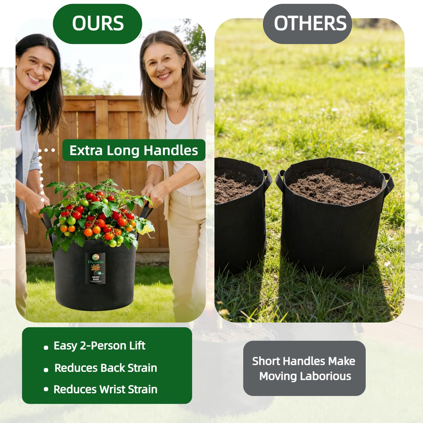 Dipuosile 6-Pack 10 Gallon Grow Bags Extra-Long Handles, Heavy Duty 300G Thickened Nonwoven, Fabric Growing Bags for Tomato, Potato,Vegetables, and Flowers