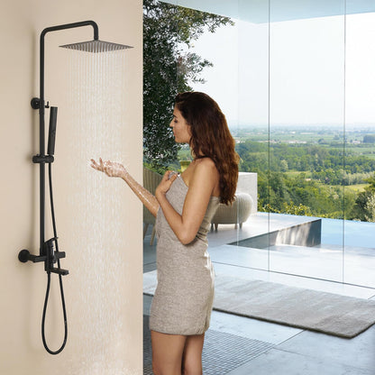 HANJAI Exposed Shower System 10" Matte Black Rainfall Shower Head with 2 Modes Handheld and Tub Faucet Set, Square Shower Head 3 Functions Outdoor Shower Fixtures with Brass Valve, Height Adjustable