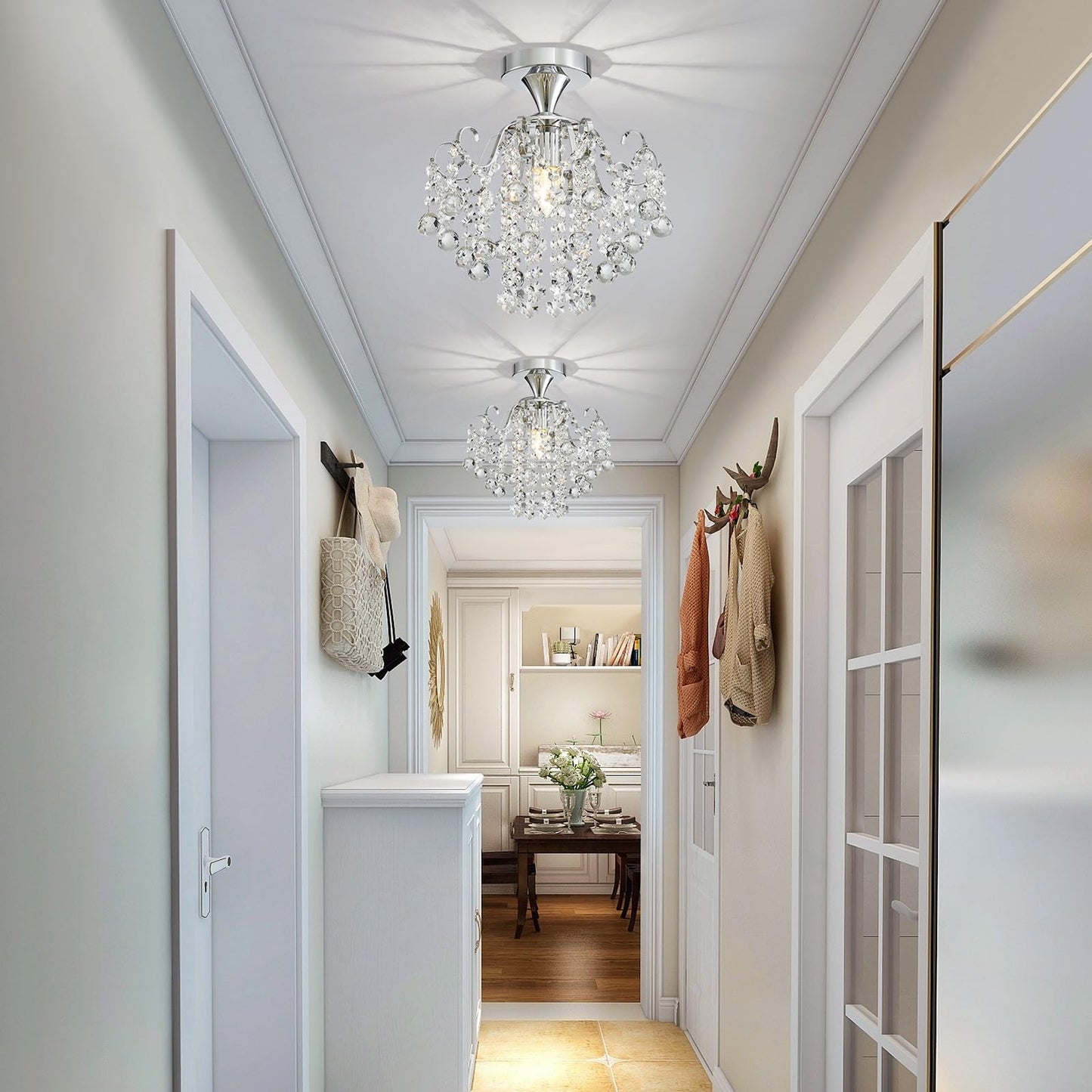 WUZUPS Crystal Chandelier Flushmount Ceiling Light Modern Lighting Fixture for Bedroom Hallway Bar Kitchen Bathroom, H 13.4" x W 12.6", E26 Base, Chrome