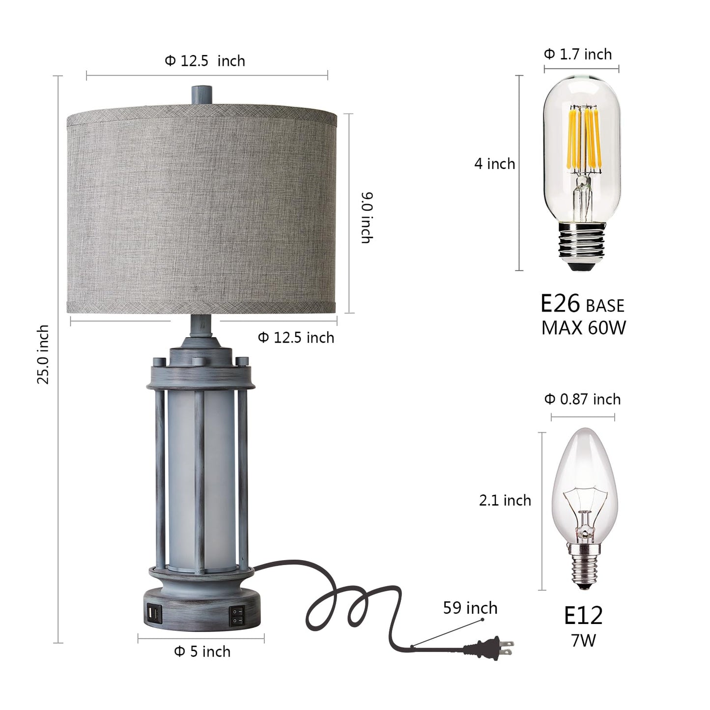 AIEAMPDO Set of 2 Rustic Table Lamps for Living Room with 2 USB C+A Ports