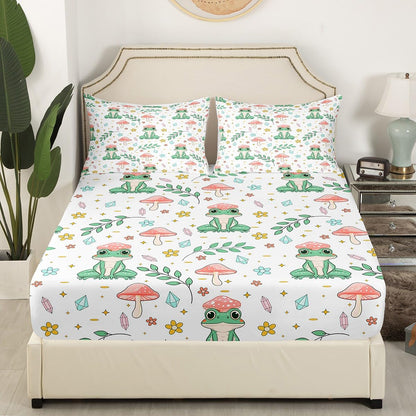Erosebridal Bed Linen Set with Frog Fitted Sheet, Pink Mushroom Decor, Twin, 1 Pillow Case
