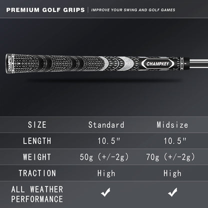 CHAMPKEY Premium Hybrid Golf Grips 13 Pack with All Repair Kits - All Weather Performance Golf Club Grips - High Traction and Control Half Corded Golf Grips for Men(Black,Midsize)