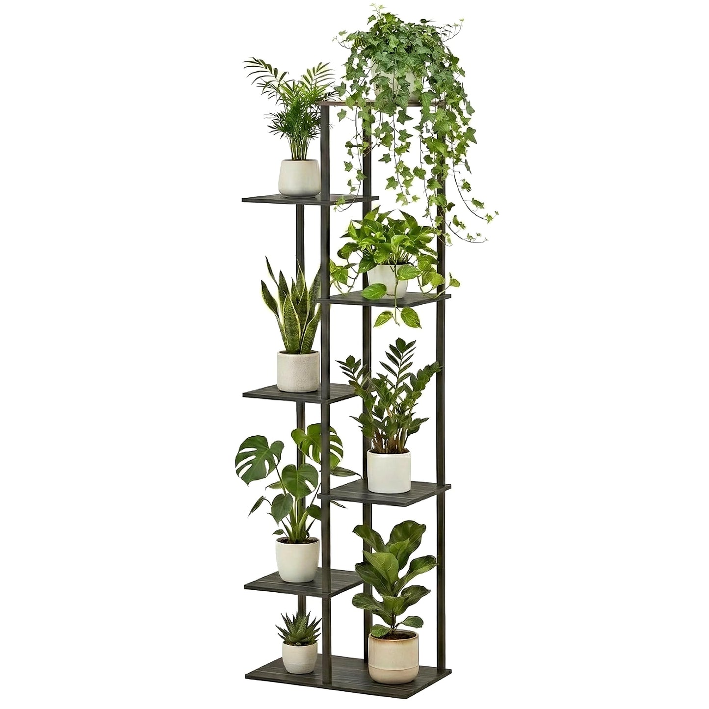 JEPRECO Plant Stand Indoor 7 Tier 8 Potted Metal Wood Plant Shelf, Multiple Flower Pots Corner Tall Plant Holder Stands for Living Room Balcony Bedroom, Black