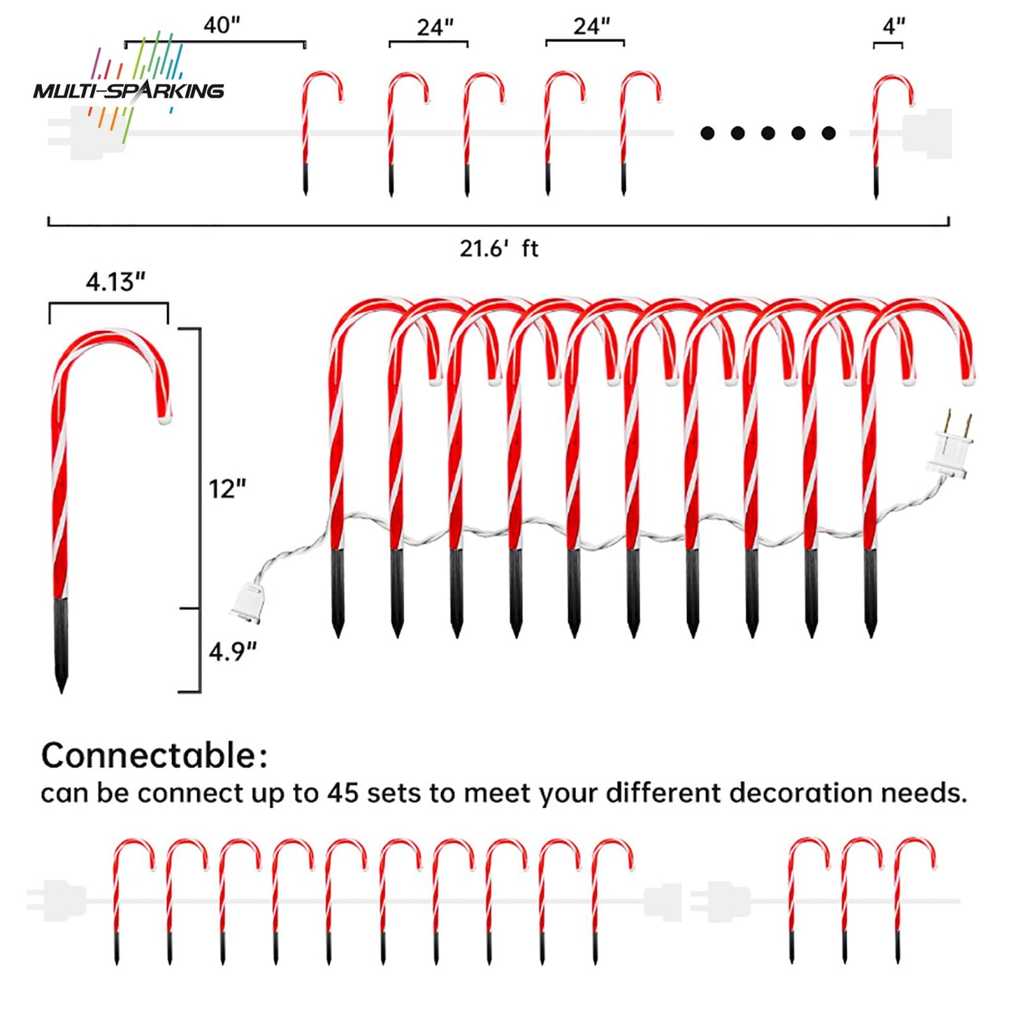MULTI-SPARKING Christmas Candy Cane Lights - 12 inch Set of 10 Pcs Christmas Candy Cane Pathway Markers Lights, Outdoor Walkway Lighting with Stakes for Yard, Steet, Roadway, 18 Feet