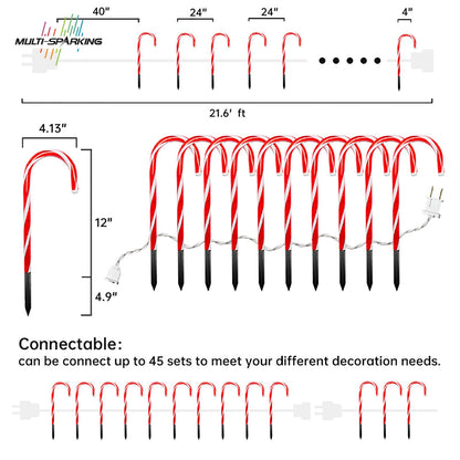 MULTI-SPARKING Christmas Candy Cane Lights - 12 inch Set of 10 Pcs Christmas Candy Cane Pathway Markers Lights, Outdoor Walkway Lighting with Stakes for Yard, Steet, Roadway, 18 Feet