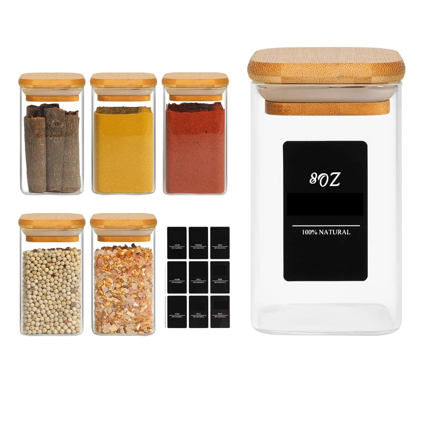 ComSaf 6Pcs 240ml Glass Spice Jars with Lids and Label, Glass Spice Bottle with Bamboo Lids Supplementary Set, Small Spice Container, Perfect for Ktichen Starter