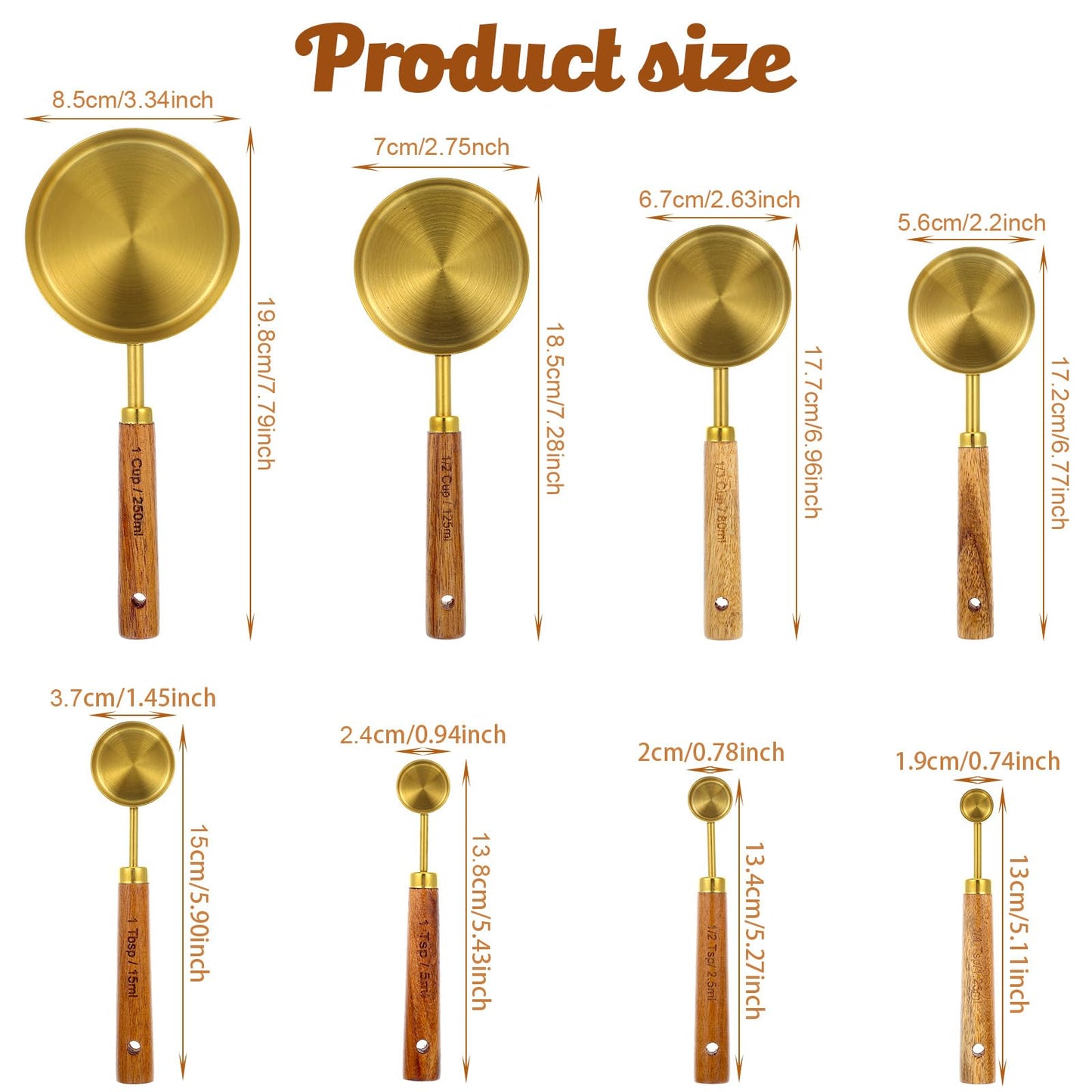 8 Piece Premium Stainless Steel Measuring Cups with Wood Handles, Gold Measuring Cups and Spoons Set,4 Stackable Wooden Measuring Cups and 4 Measuring Spoons Set for Baking Supplies in the Kitchen