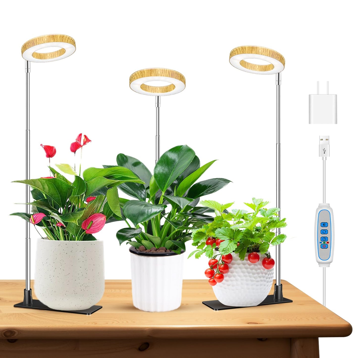 Kullinss Grow Light, 48 LEDs Full Spectrum Plant Lights for Indoor Growing with Base, Wood Grain Small Plant Growing Lamp with 6/12/16H Timer, 3 Color Modes, 5 Brightness, 6.5"-26" Height Adjustable
