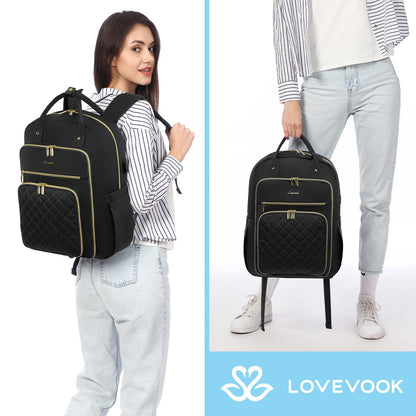 LOVEVOOK Laptop Backpack Women 15.6 Inch, Backpacks Womens, Rucksack Bag for School College Work Travel University, Ladies Lightweight Commuter Bags with USB Charging Port, Black