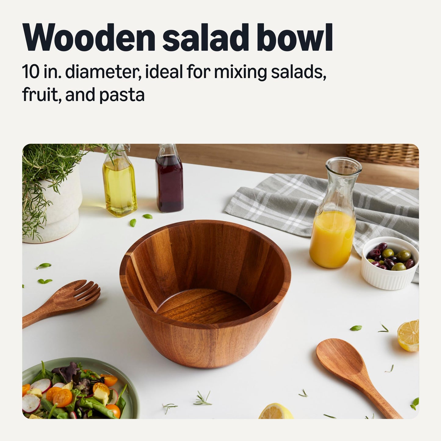 Amazon Basics Wooden Salad Bowl, Acacia Wood, 10 in., Family Size Serving Bowl