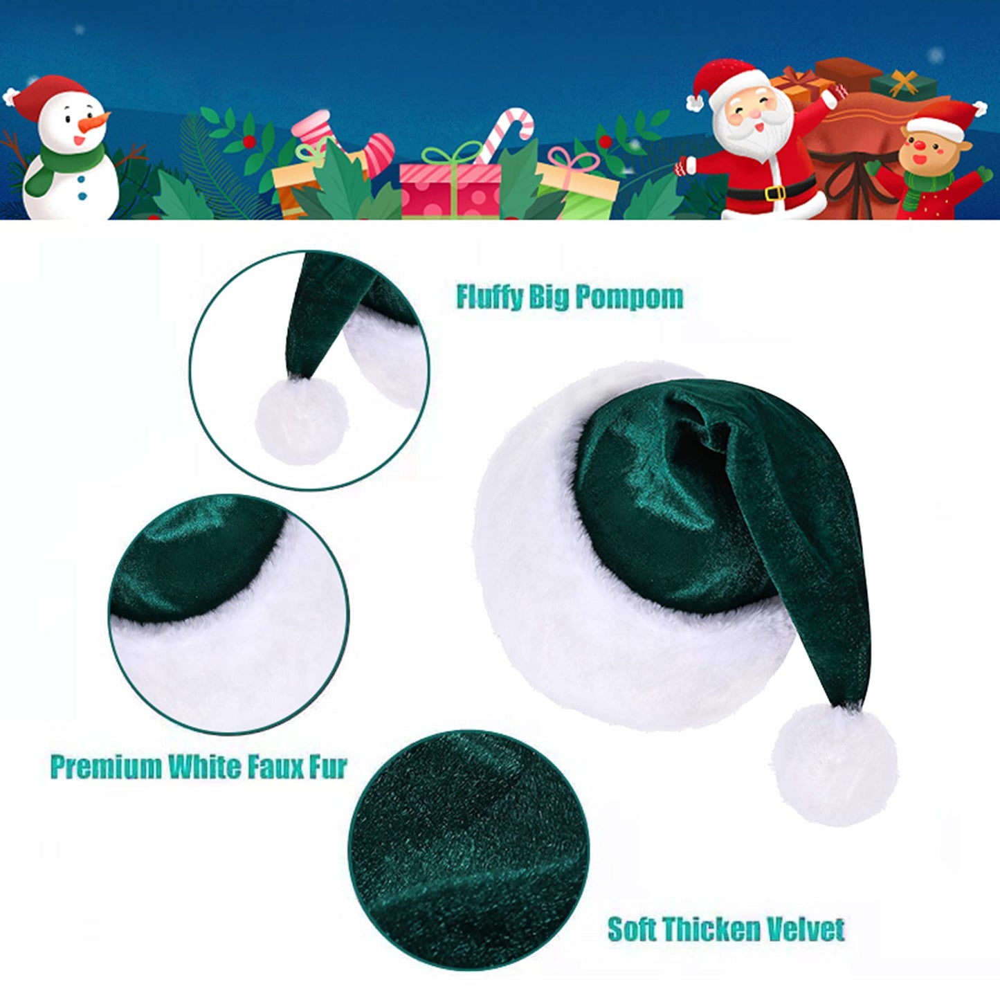 Eoocan Santa Hat, Santa Hats for Adults, Unisex Velvet Comfort Green Christmas Hat Hats Extra Thicken Classic Plush for Christmas New Year Festive Holiday Party Supplies