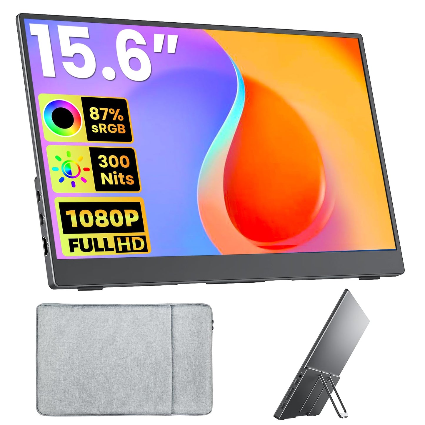 Portable Monitor 15.6" FHD 87% sRGB 60Hz IPS HDR HDMI USB-C Travel Monitor for Laptop MacBook PC Surface PS5 Xbox, External Display with Kickstand & Speakers, VESA Compatible