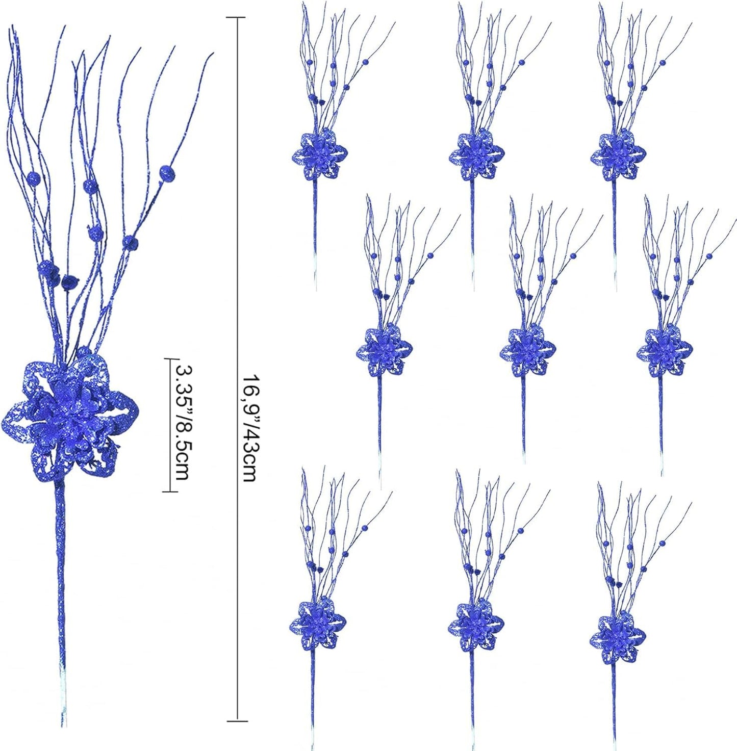 FuleHouzz 10pcs Artificial Glitter Poinsettia Flower Berry Stem Ornaments Christmas Tree Picks Branches for Xmas Tree Decorations Gift Home Wedding Holiday Party Decor, Royal Blue