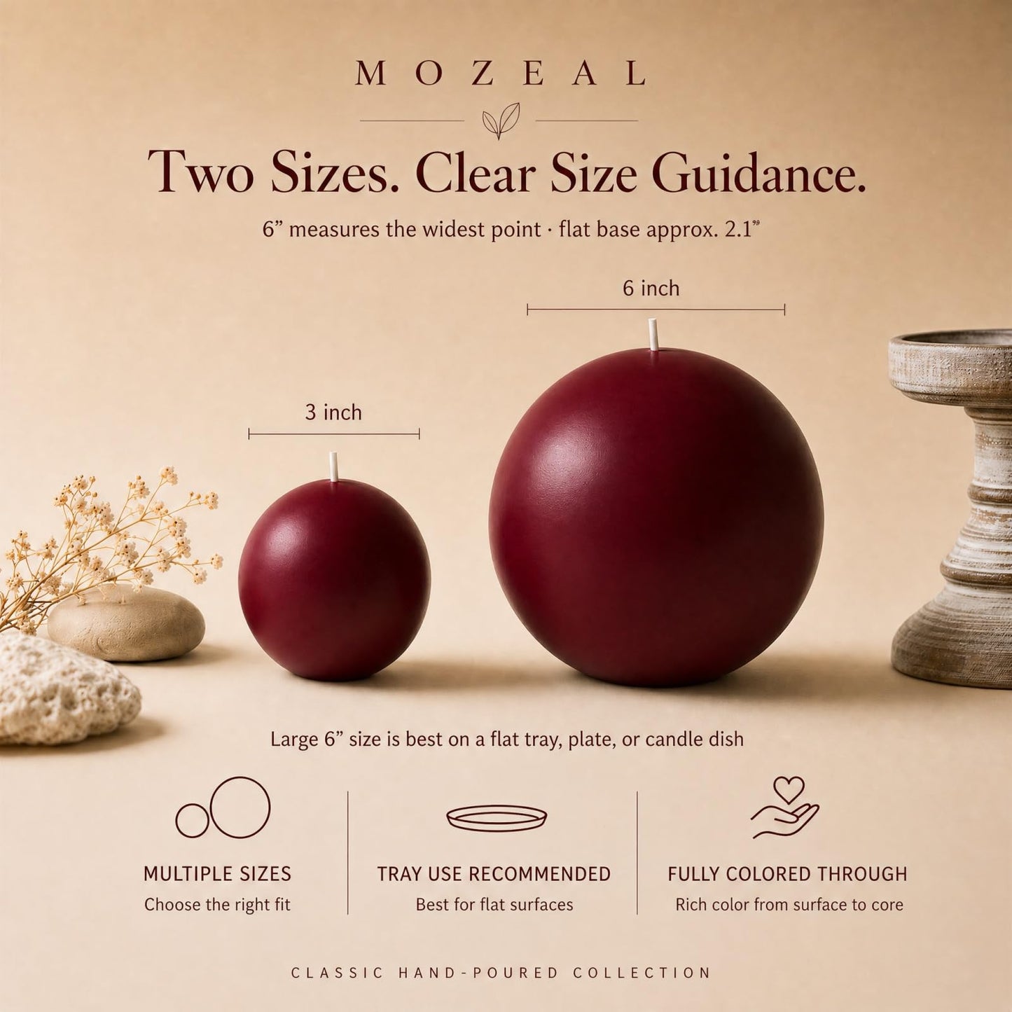 MOZEAL Hand-Poured, 6 Inch Dark Red Large Round Ball Candles - Elegant Dark Red Round Pillar Candles, Dripless, Unscented, Smokeless, Ideal for Intimate Gatherings.