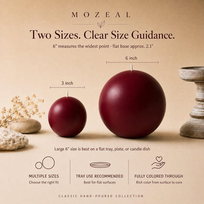 MOZEAL Hand-Poured, 6 Inch Dark Red Large Round Ball Candles - Elegant Dark Red Round Pillar Candles, Dripless, Unscented, Smokeless, Ideal for Intimate Gatherings.