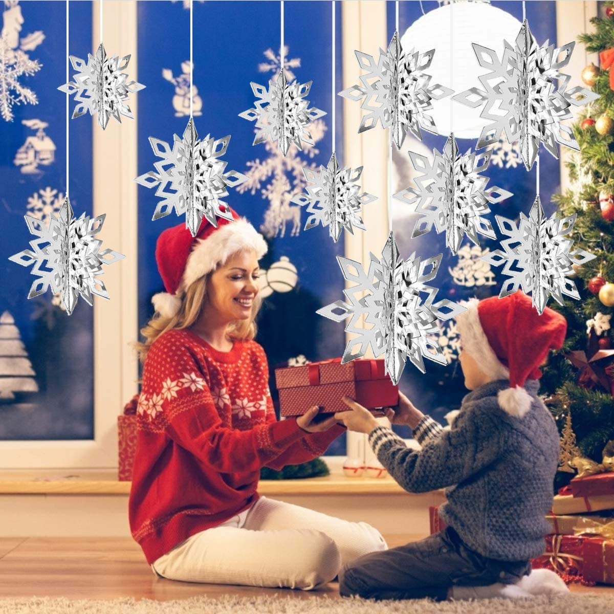 CCINEE 12 Pieces 3D Silver Snowflake Hanging Garland, Christmas Iridescent Paper Snowflakes String Ornaments for Classroom Ceiling Winter Wonderland Wall Hang Holiday New Year Home Decorations