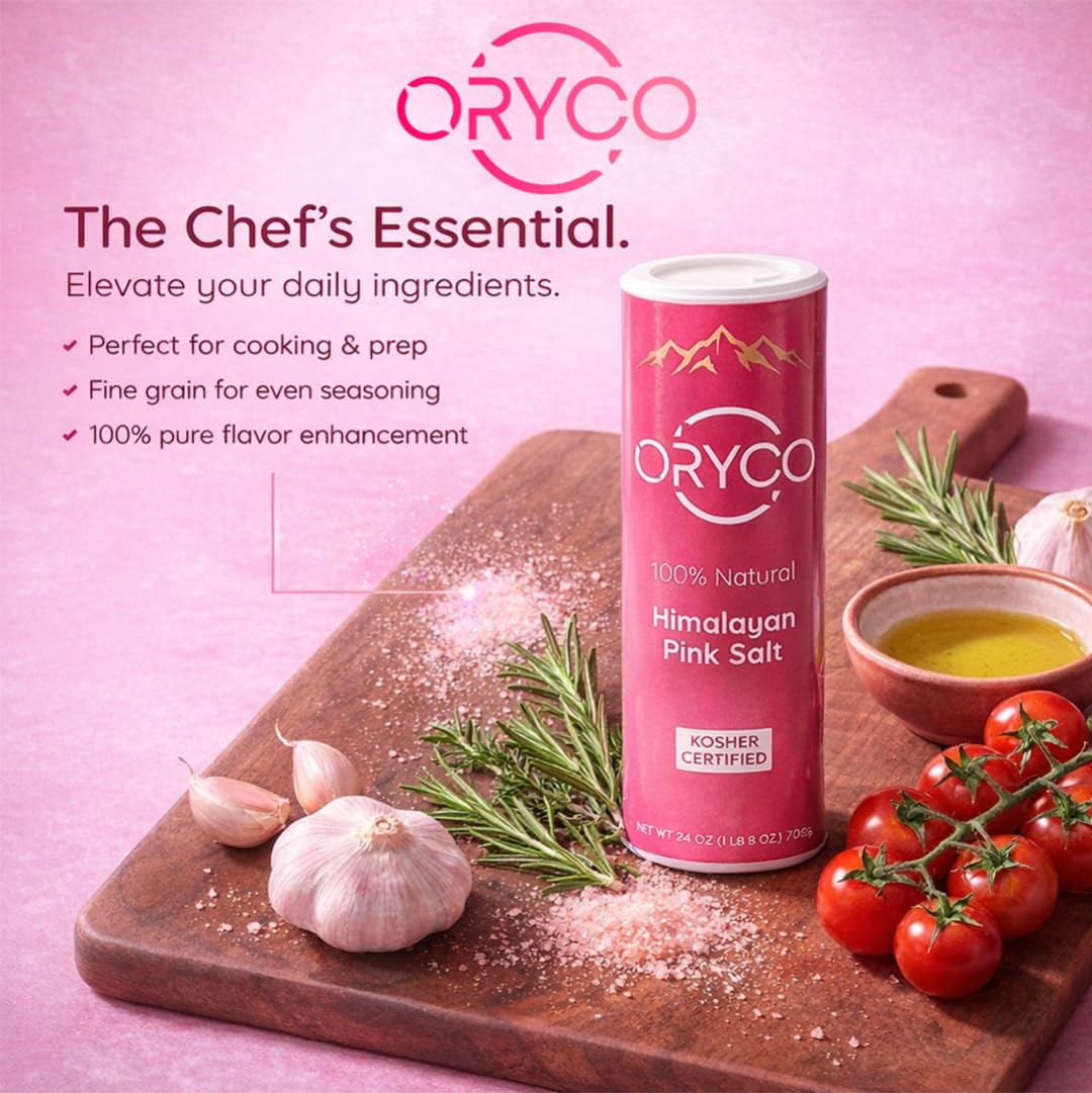 Oryco Himalayan Pink Salt Fine Grain Shaker (24.7 oz) 700g – 100% Natural, Kosher, Non-GMO, Mineral Salt, Easy Pour Shaker for Cooking, Baking, Table Seasoning, Popcorn & Everyday Kitchen Use