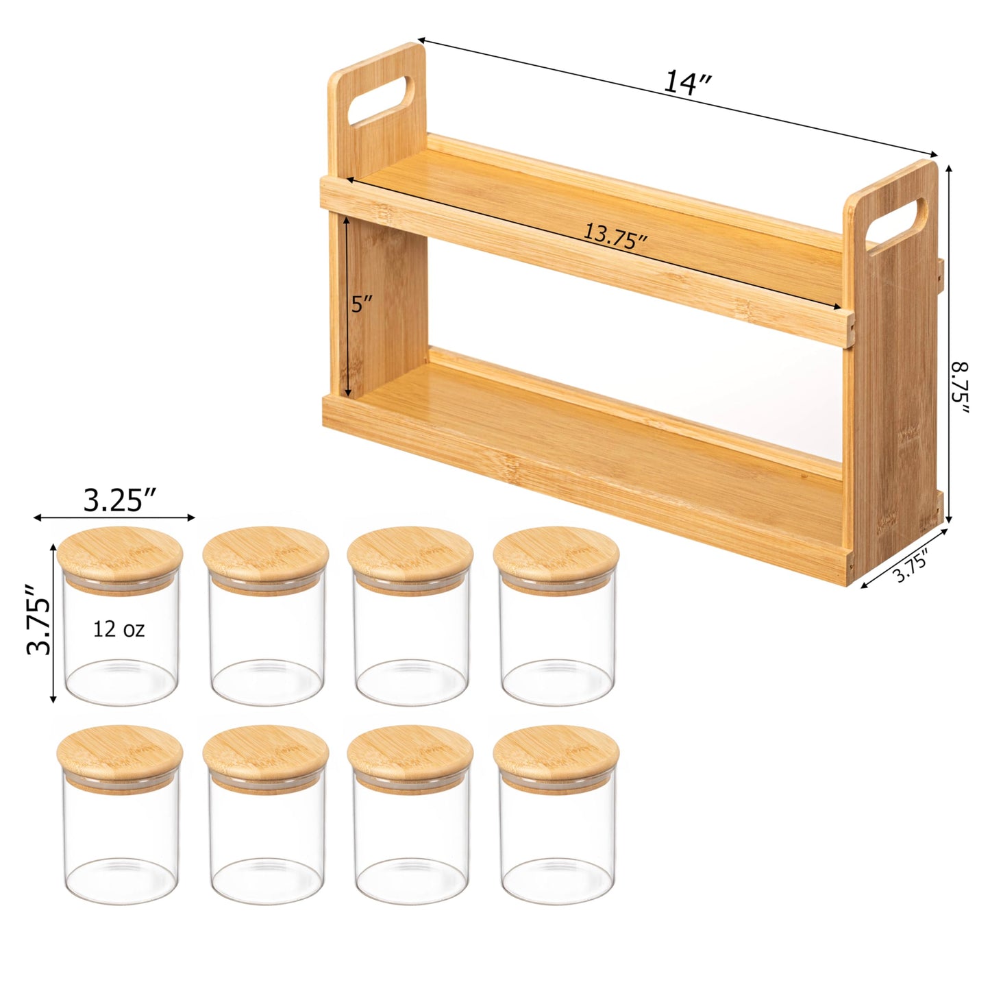 Basicwise Versatile 2-Tier Bamboo Spice Rack and Pantry Organizer with 8 Glass Jars – Perfect for Countertop Storage in Kitchens to Keep Seasoning Containers Neatly Displayed and Easily Accessible