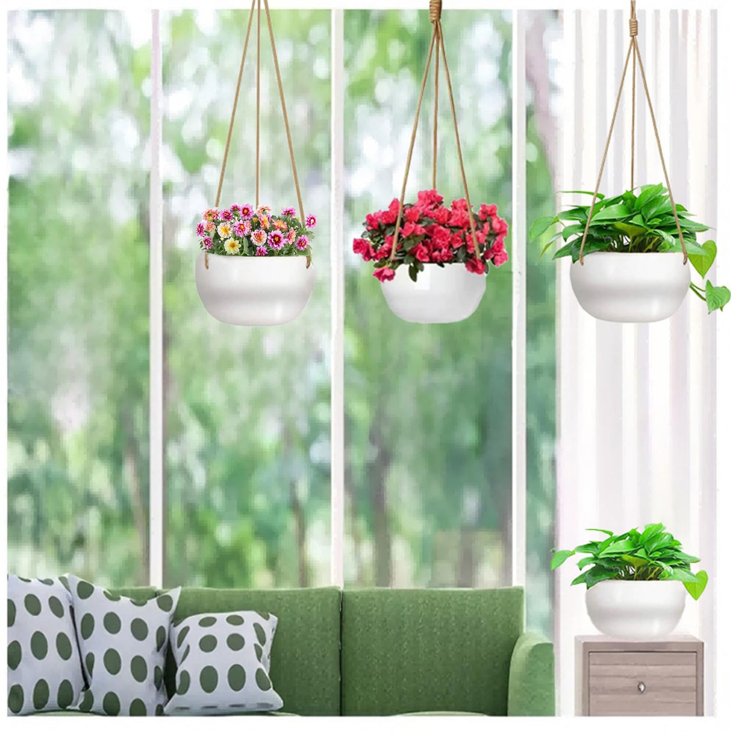 TIGKHAE Ceramic Hanging Planters for Indoor Outdoor Plants,8 in Modern Plant Pot Round Porcelain Hanger Basket with Rope Hanging Plant Holder Drainage Flower Pot for Herbs Ferns Ivy Pothos,White