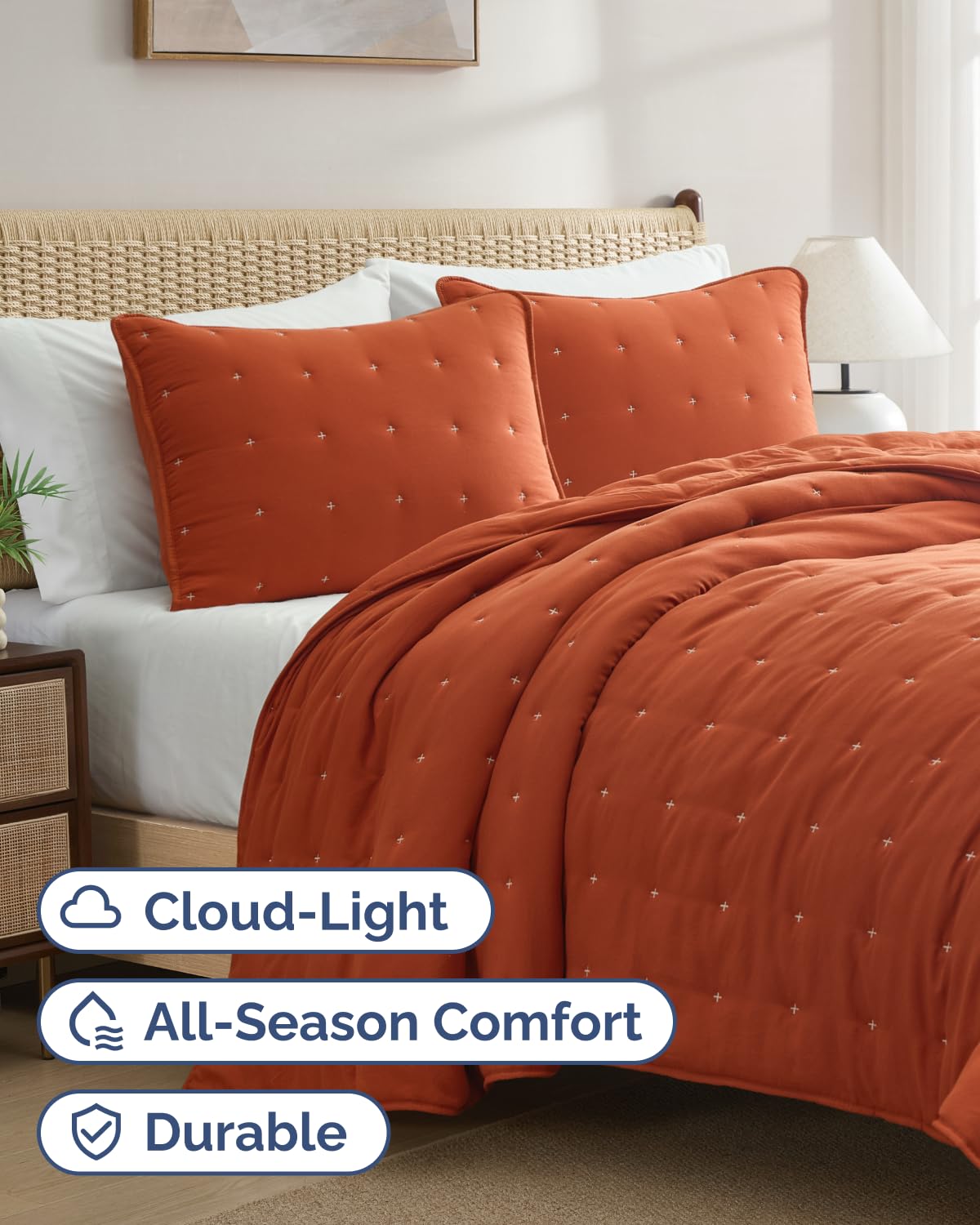 Quilts Full Size - Bedspread for Full Size - Lightweight Comforter Set - Quilt Bedding Set for All-Seasons - Ultra Soft, Breathable & Comfy - Summer Coverlet w/ 2 Pillow Shams - 80" x 80", Terracotta