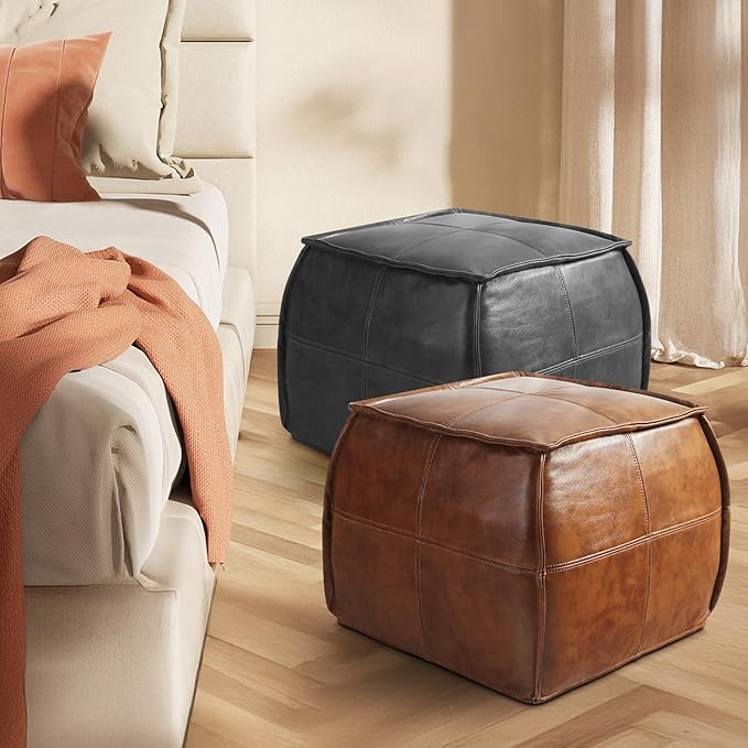 Leather Ottoman, Handmade Stuffed Square Ottoman, Genuine Leather Pouf