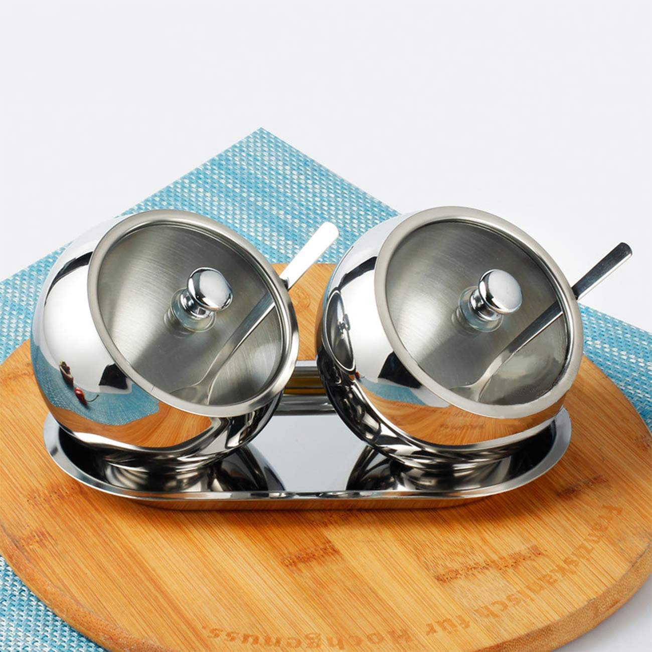 KEMIYIXIAN 2 Polished Shiny Stainless Steel Sugar Bowls for Serving Sugar Pepper Salt Spice- 300ml/ 10oz