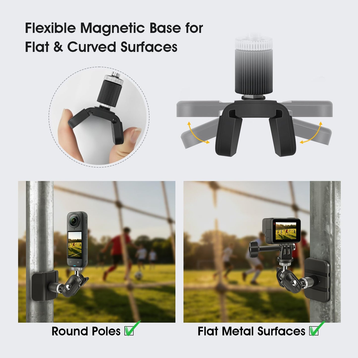 Magnetic Camera Fence Mount for Sports Recording, Universal Pole Mount fits for GoPro Insta360 X5 Mevo Camera, Flexible Fold Magnet Base for Flat & Curved Surfaces, Gym & Training Video Mount