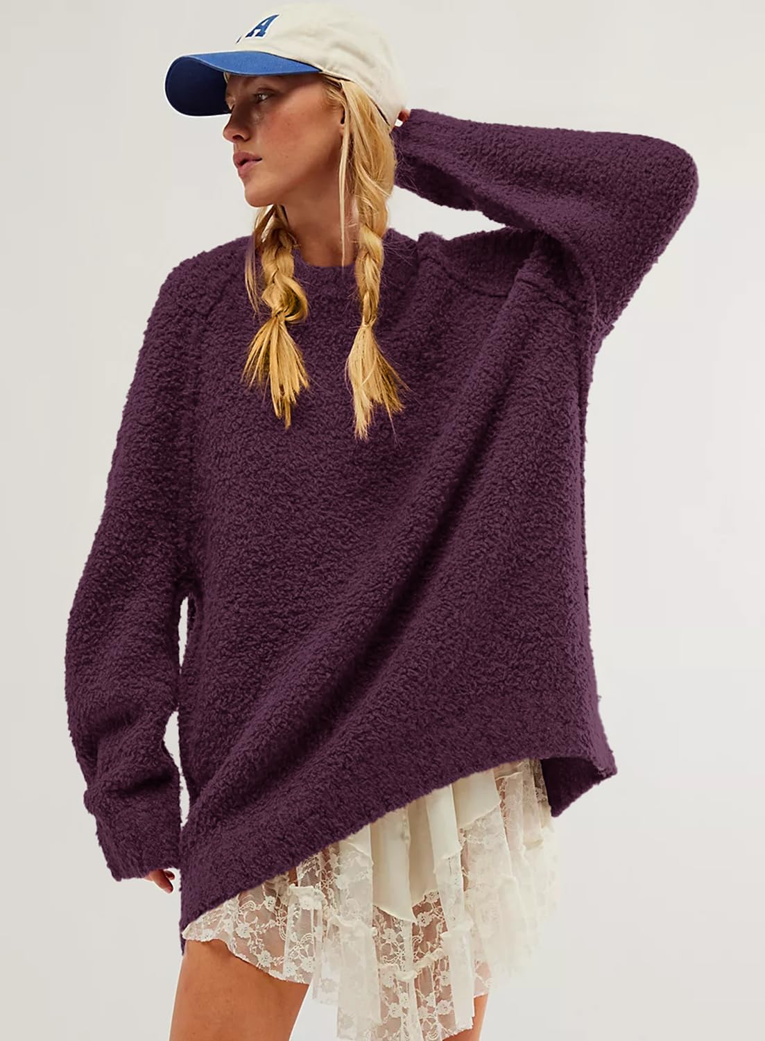 Beaully Women's Oversized Long Sleeve Crewneck Fuzzy Knit Warm Sweaters 2025 Fall Pullover Sweater Tops