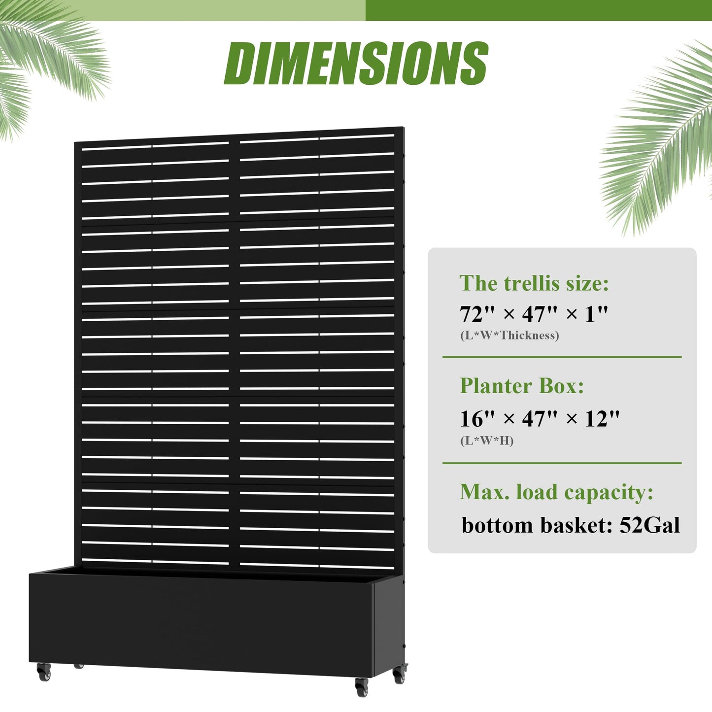 Wooakway 72" Raised Garden Bed with Trellis and Wheels, 52 Gal Metal Planter Box Privacy Screen for Outdoor Patio, Balcony and Backyard, Mobile Vertical Planter for Climbing Plants, Vines, Ivy, Black