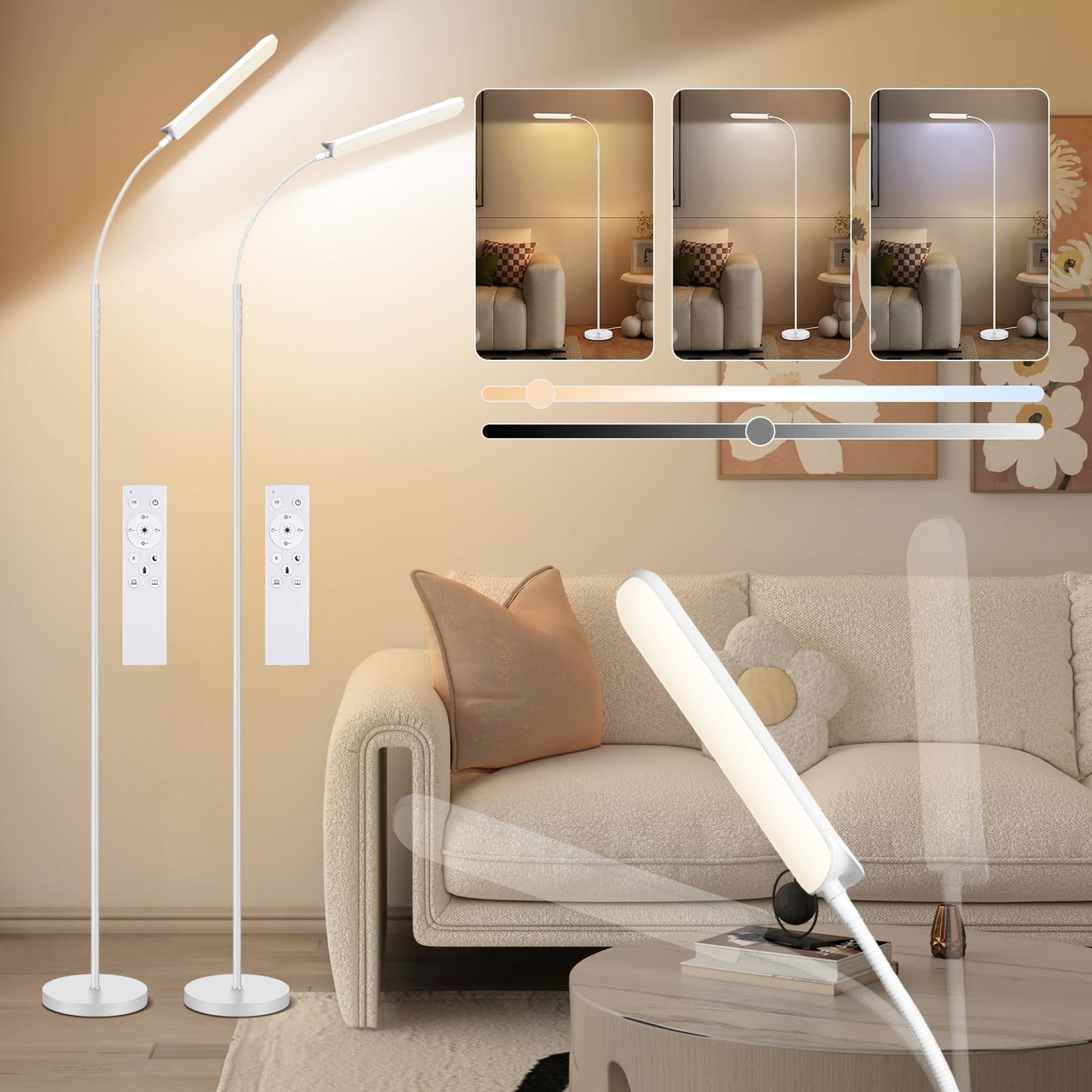 FRIDEKO HOME 2 Pack Dimmable LED Floor Lamps,1800LM 4CCT Gooseneck Light w/Remote& Touch Control, Eye-Friendly Task Lamp for Painting Over Chair Crafts Lash Extensions Bedroom Office Living Room White