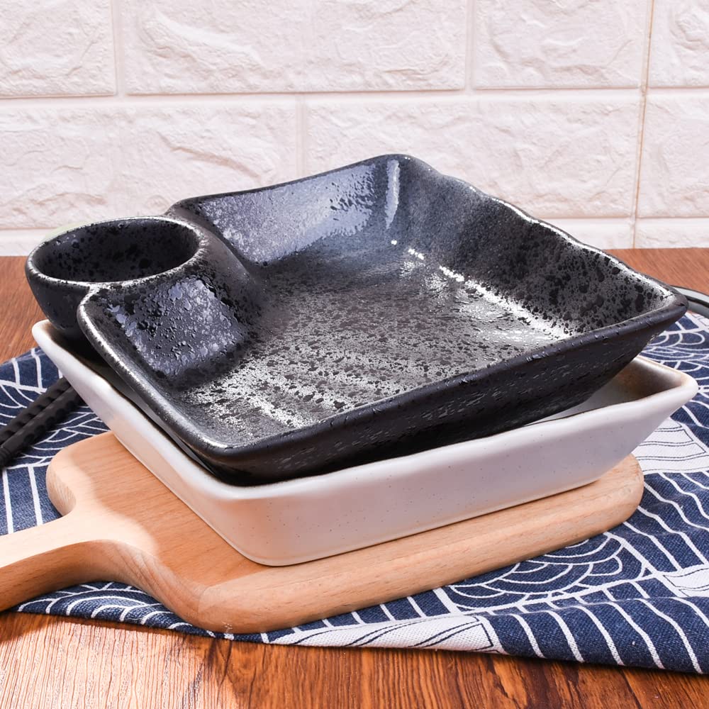LMRLCS Ceramic Dumpling Plates Set of 2-7.4 Inch Divided Serving Trays with Sauce Compartment - Japanese Style Sushi Plates for Appetizers & Side Dishes, Microwave & Dishwasher Safe, Black & White