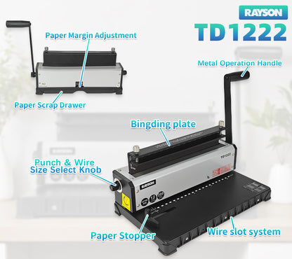Rayson TD1222 Wire Binding Machine - 2:1 Pitch, Rectangular Holes, 220 Sheet Binding / 12 Sheet Punching Capacity
