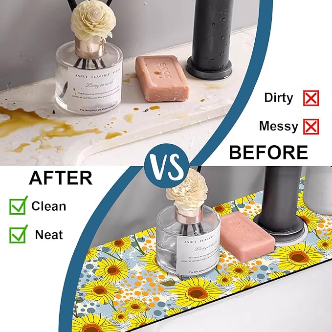 Watercolor Sunflowers Sink Splash Guard Faucet Mat Sunflowers Polka Dots Super