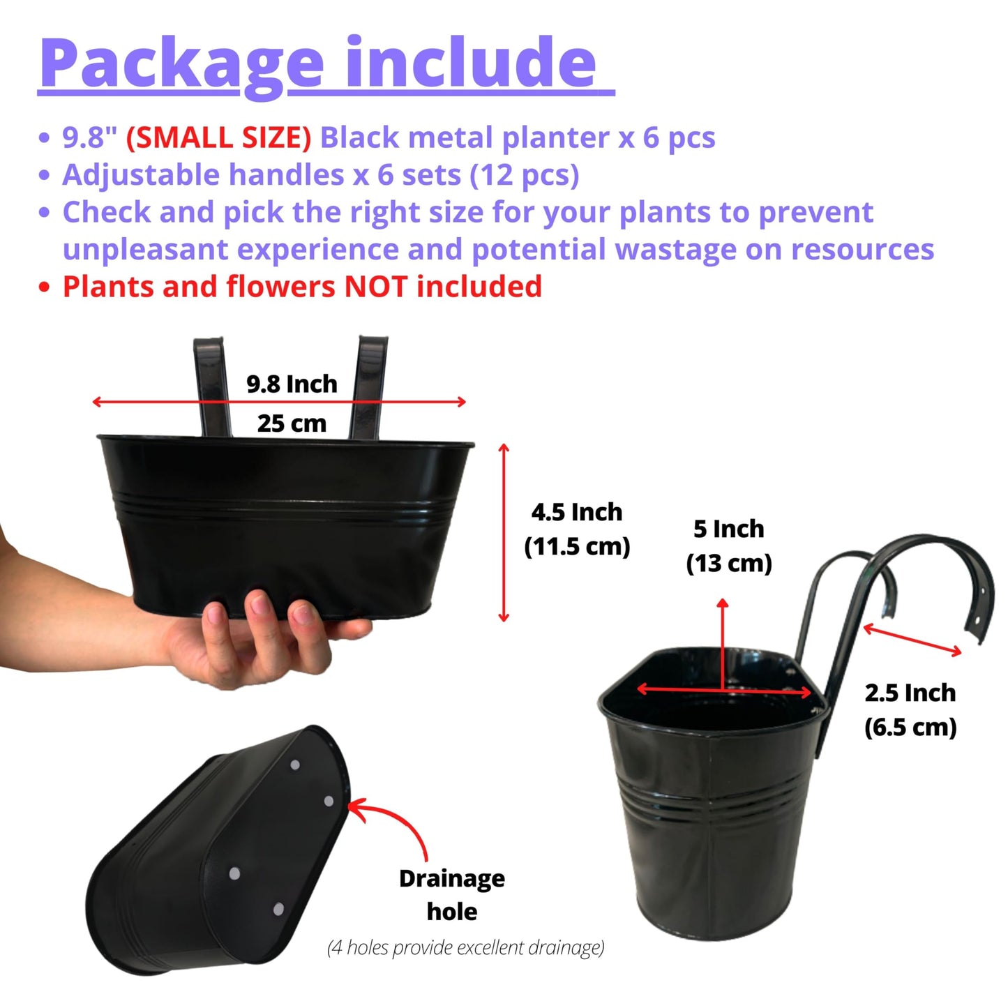 LaLaGreen Rail Planter Outdoor Plants (6 Pack, 9.8 Inch) Small and Cute Black Metal Iron Hanging Flower Pot Deck Railing Fence Buckets Countryside Style Window Box Plant Holder Hooks Porch Decor