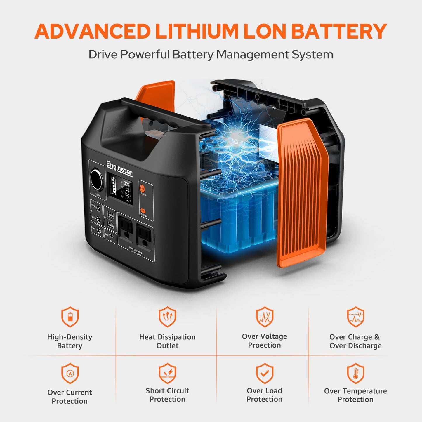 Portable Power Station EnginStar 300W Solar Generator 110V 296Wh Power Bank Two Pure Sine Wave AC Outlet 80000mAh Lithium Battery Pack for Camping Outdoors Trip RV Hunting Vans Emergency Backup