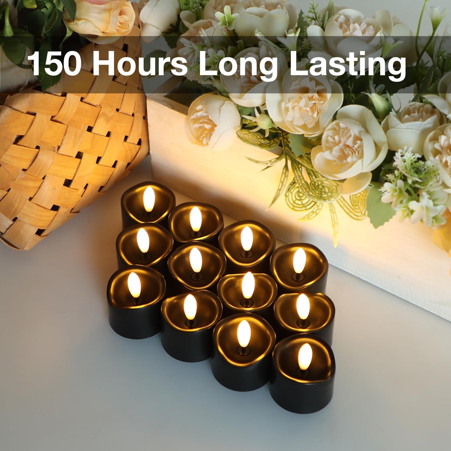 7LinRay 48 Pack Black Flameless Tealight Candles, Battery Operated Tea Lights Realistic Flickering LED Votive Candles for Wedding, Halloween, Party, Home Decor