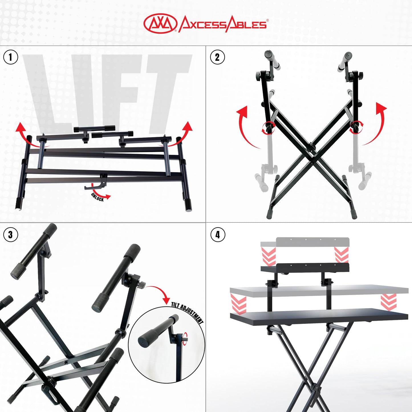 AxcessAbles Portable Two-Tier DJ Table Stand| Two Tier Piano Keyboard Stand for Sheet Music and Tablet | DJ Laptop and Controller Stand | Music Production Workstation | Booth Stand