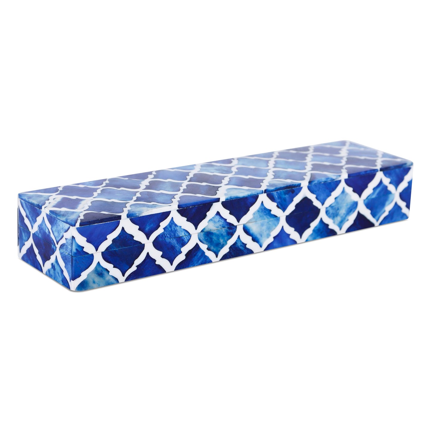 Handicrafts Home Decorative Storage Box with Lid, Moroccan Remote Control Holder Box, Slim Coffee Table Storage Organizer, Bone Inlay Resin Wooden Desk Shelf Storage Box, Blue, 10 x 2.5 x 1.5
