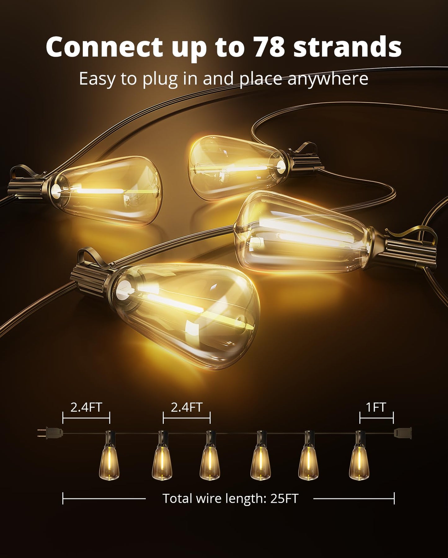 VIPAR Outdoor String Lights 25FT LED Patio Lights IPX5 Waterproof with 10+1 ST38 Shatterproof Edison Bulbs, 2700K Connectable Outside Hanging Light for Porch, Garden, Backyard, Deck, Balcony, Decor