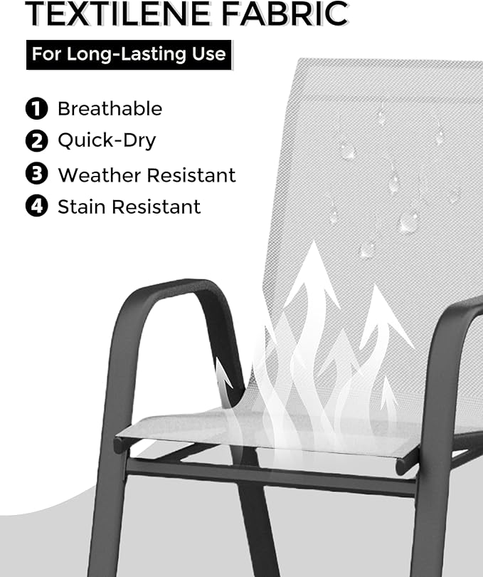 Outdoor Stackable Dining Chairs Set of 4, High-Back Patio Stacking Chairs, Patio Chairs with Textilene Farbic & Metal Frame for Lawn Backyard Deck Garden,Grey